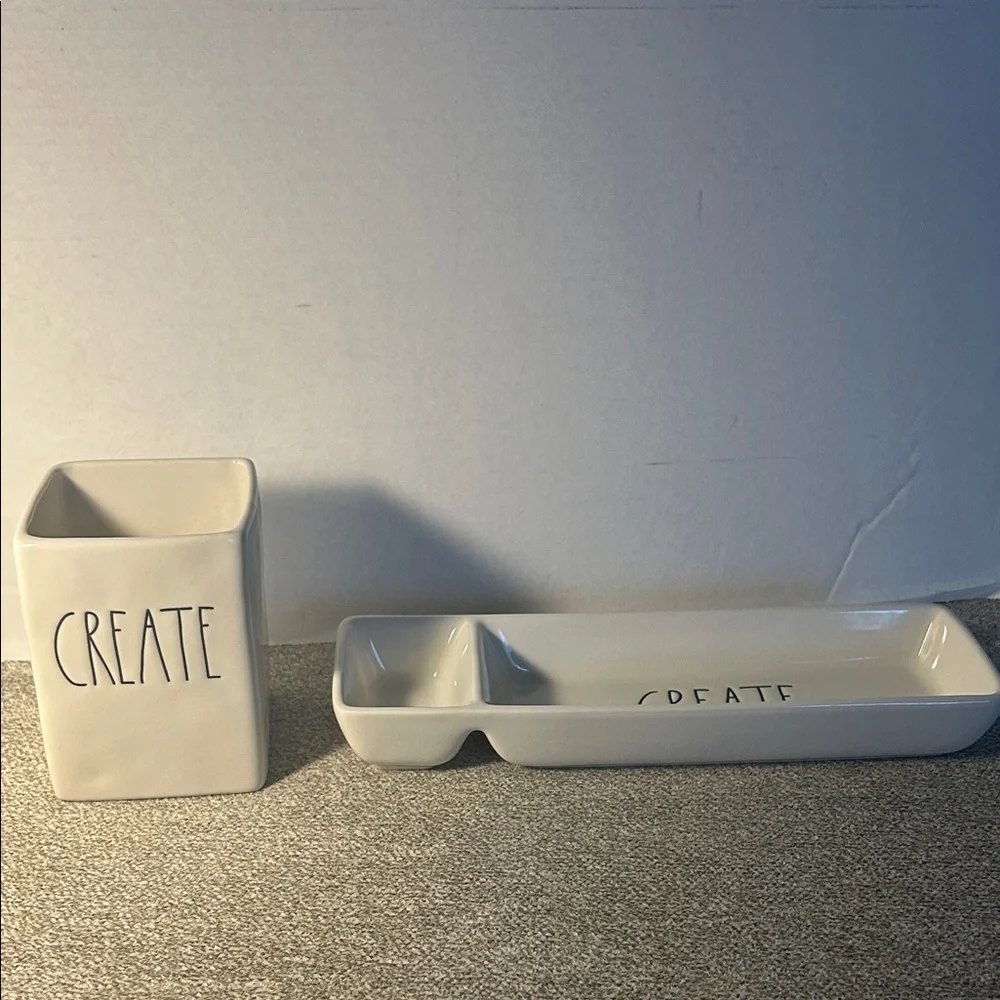 Rae Dunn CREATE Ceramic Vanity Tray and Tumbler Set - White